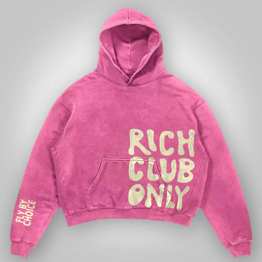 Vercoo Vintage Rich Club ONLY FLY BY CHOICE Graphic Acid Washed Oversized Hoodie