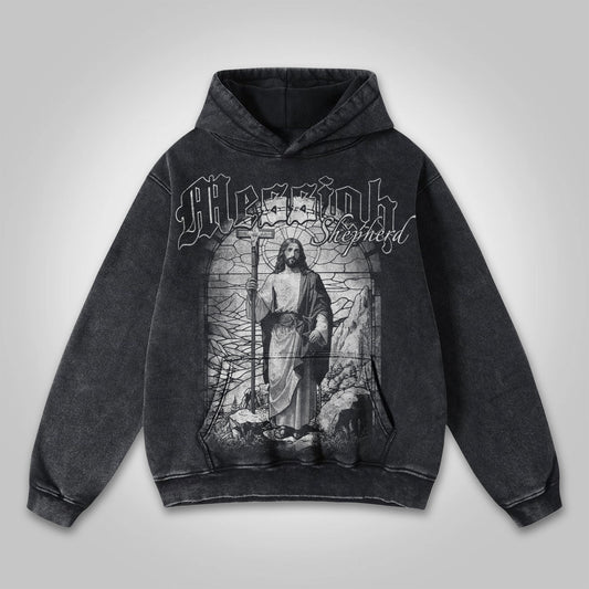 Vercoo Vintage Jesus Graphics Washed Distressed Hoodie