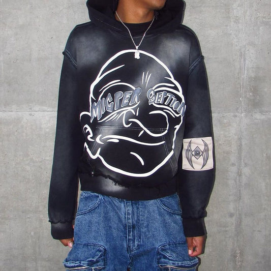 Fashion Letter Mixed Graphic Acid Washed Oversized Hoodie