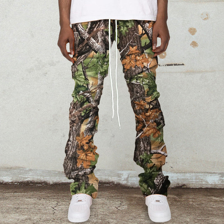 Vintage Camouflage Print Drawstring Stacked Trousers