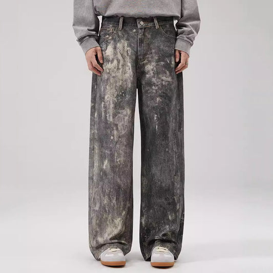 Men's Digital Print Gray And Black Baggy Jeans