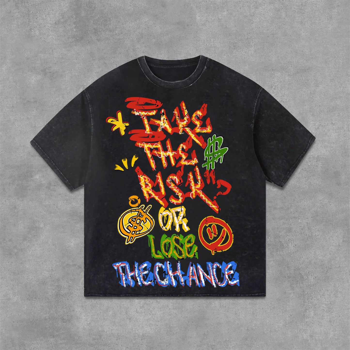 Vercoo Vintage Take The Risk Or Lose The Chance Graphic Print Acid Washed T-Shirt