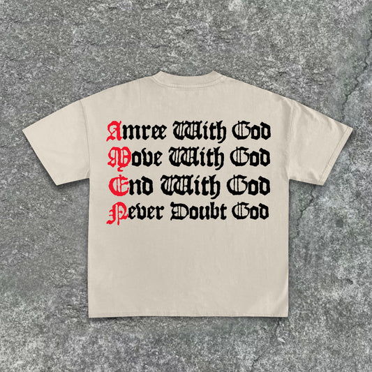 God Amen Alphabet Print Cotton T-Shirt