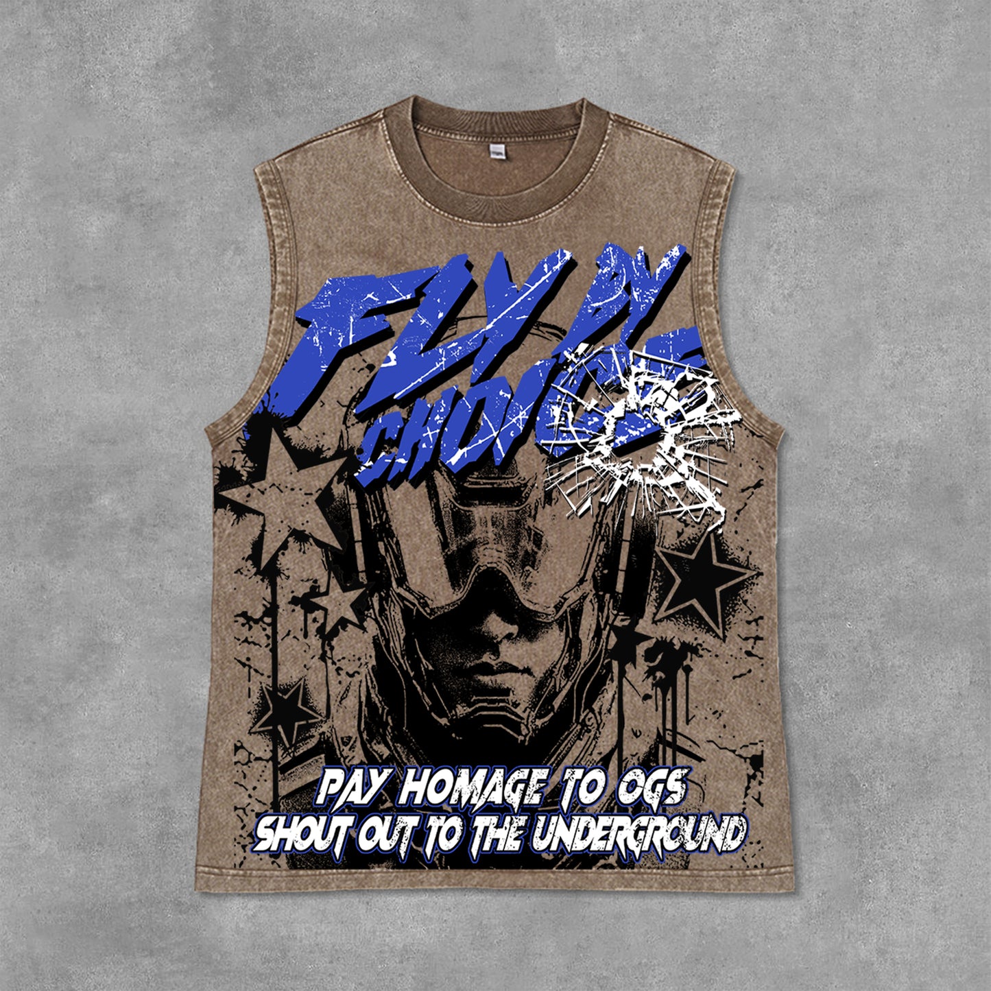 Fly By Choice Graphic Print Acid Washed Sleeveless Tank Top