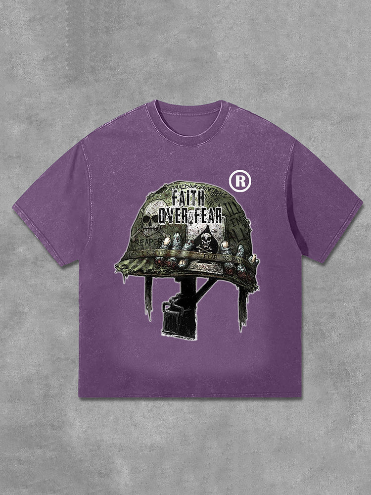 Vercoo War Helmet Faith Over Fear Graphic Print Washed T-Shirt