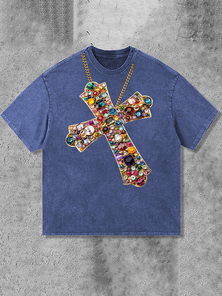 Diamond Cross Graphic Print Acid Washed T-Shirt