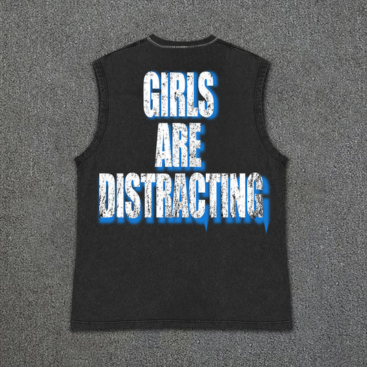 Men's Girls Will Distract Attention Print Vintage Vintage Wash Sleeveless Tank Top