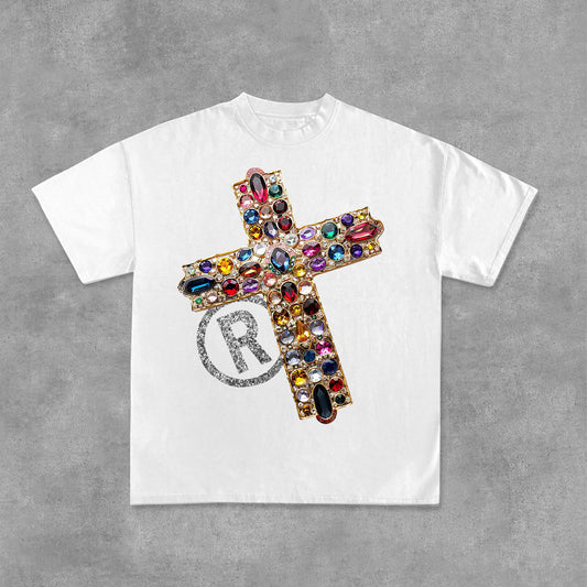 Vintage Diamond Cross Graphic Print Casual Cotton T-Shirt