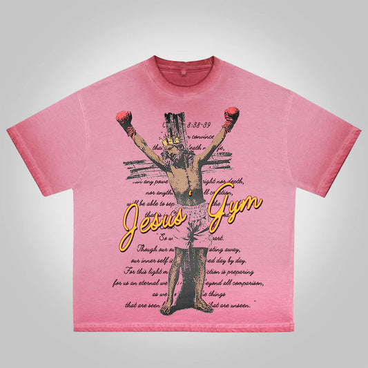 Vercoo Vintage Jesus' Gym Bible Graphic Print Washed Cotton T-Shirt