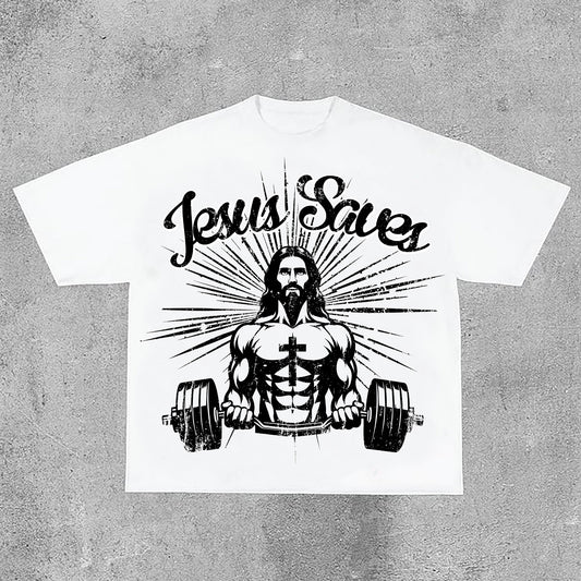 Jesus Saves Jesus Power Fitness Print Cotton T-Shirt