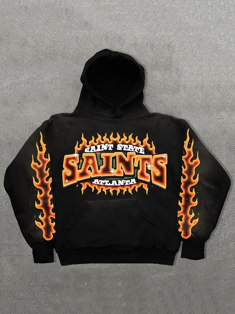 Vercoo Vintage Saints Flame Graphic Print Side Pockets Hoodie