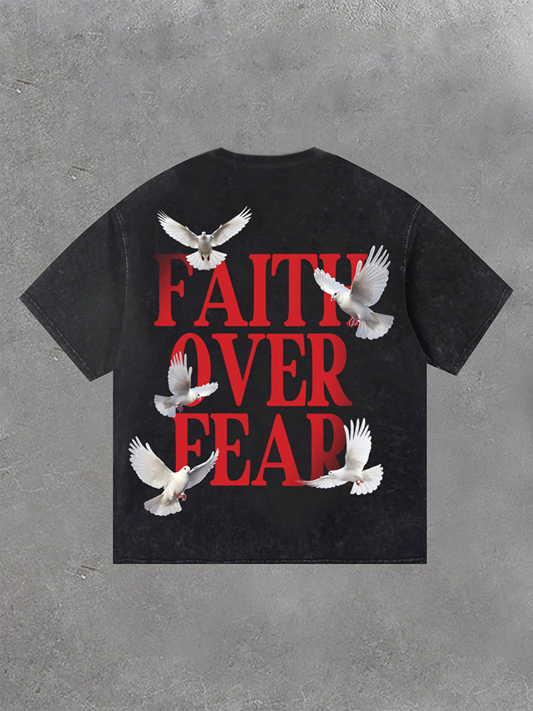 Vercoo Vintage Washed Faith Over Fear Print Short Sleeve T-Shirt