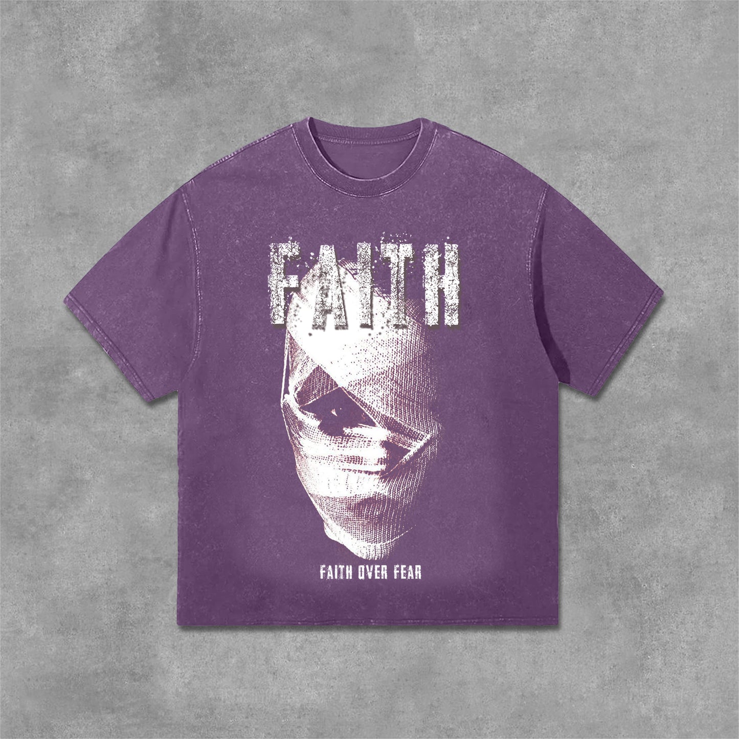 Vercoo Vintage Mummy Faith Over Fear Graphic Print Acid Washed T-Shirt