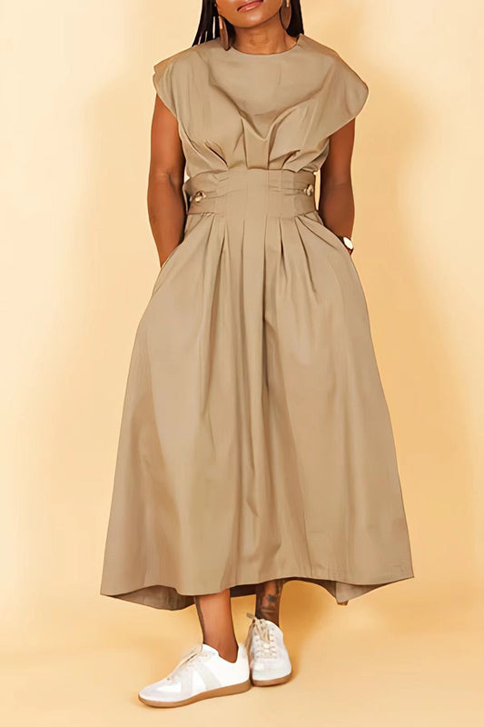 Fashion High Plicated Waist Dress With Porckets