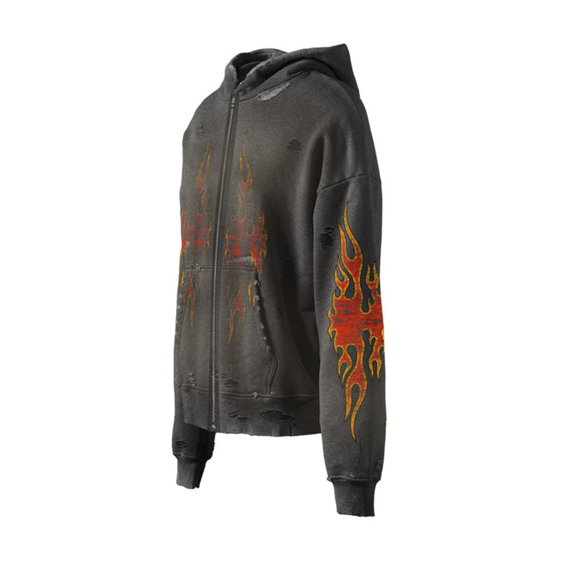 Vercoo Vintage Skater Flame Print Washed Cotton Zip-Up Hoodie