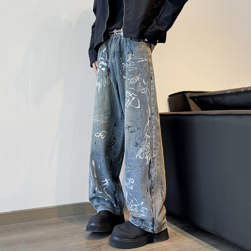 Vintage Street Style Graffiti Print Jeans