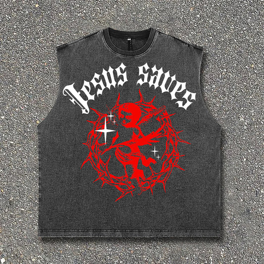 Vercoo Vintage Jesus Saves Print Vintage Wash Sleeveless Tank Top