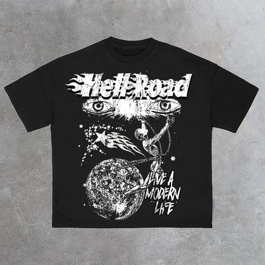 Hell Road Retro Portrait Earth Graphic Print Cotton T-Shirt