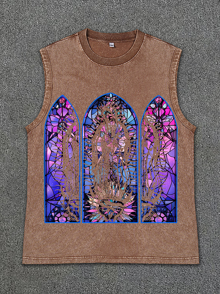 Vercoo Vintage Men's Original Night Glow Textured Stained Glass Print Vintage Wash Sleeveless Tank Top