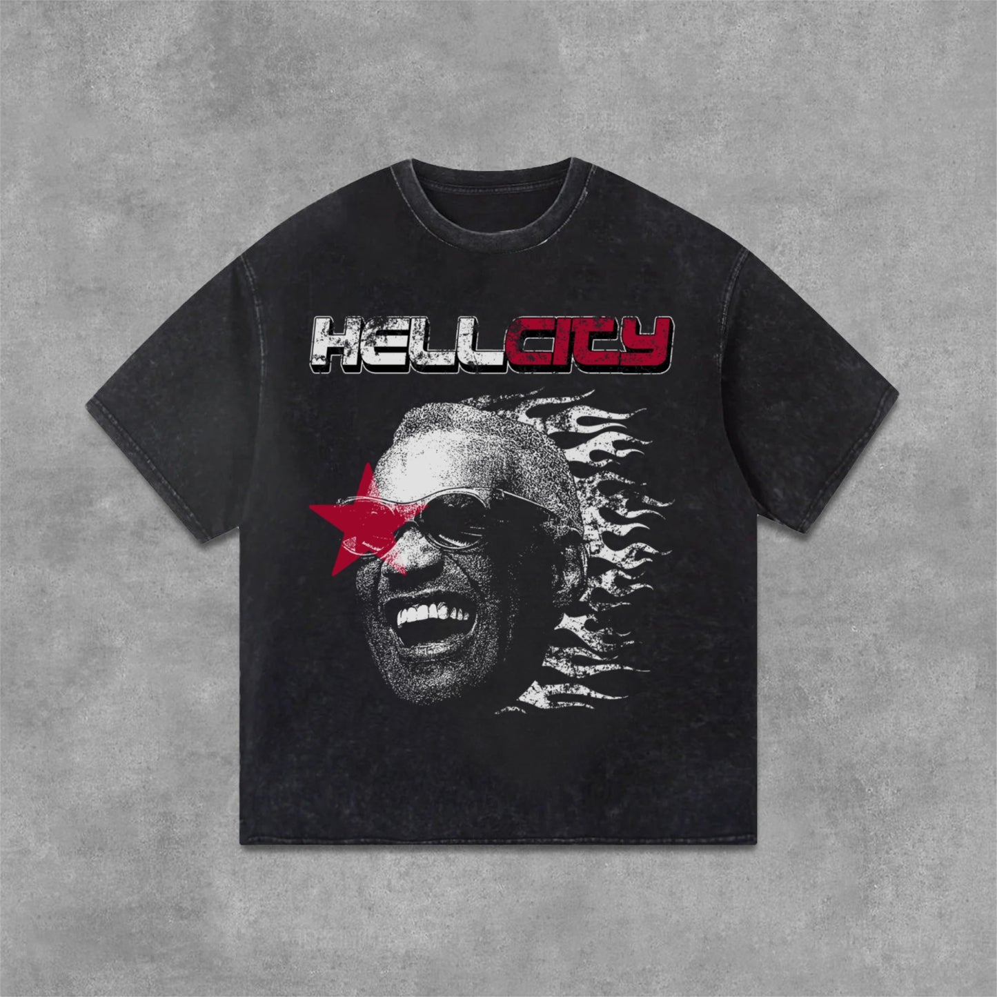 Hellcity - Flame Player Graphics Acid Washed T-Shirt