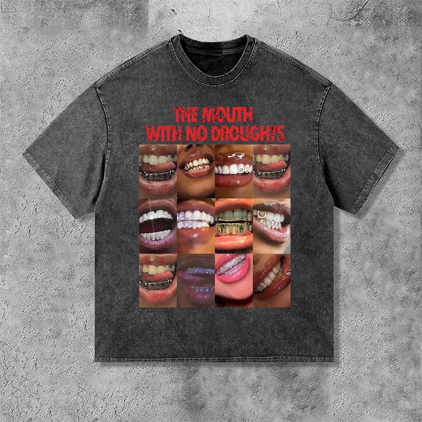 Vintage Lips Graphic The Mouth With No Droughts Print Acid Washed T-Shirt