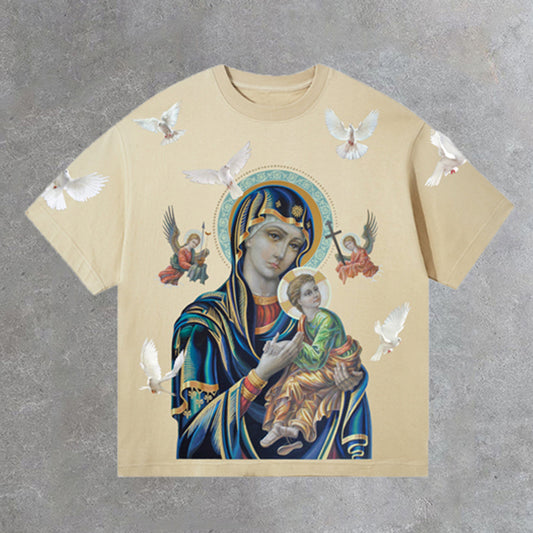 Vercoo Vintage Unisex Madonna And Child Graphic Cotton T-Shirt