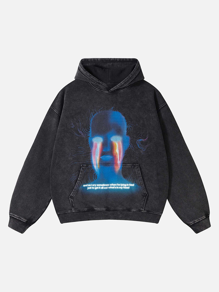 Fashionable Portrait Print Washed Hoodie