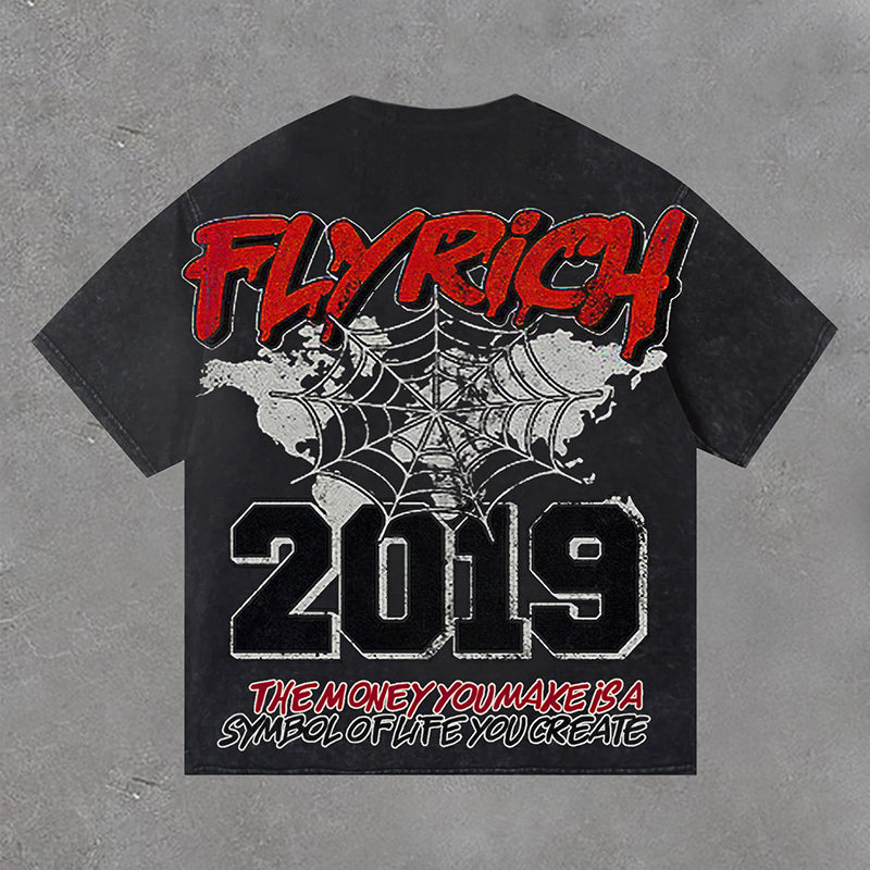 Vintage Fly Get Rich Vintage 2019 Graphic Casual Acid Washed Short Sleeve T-Shirt