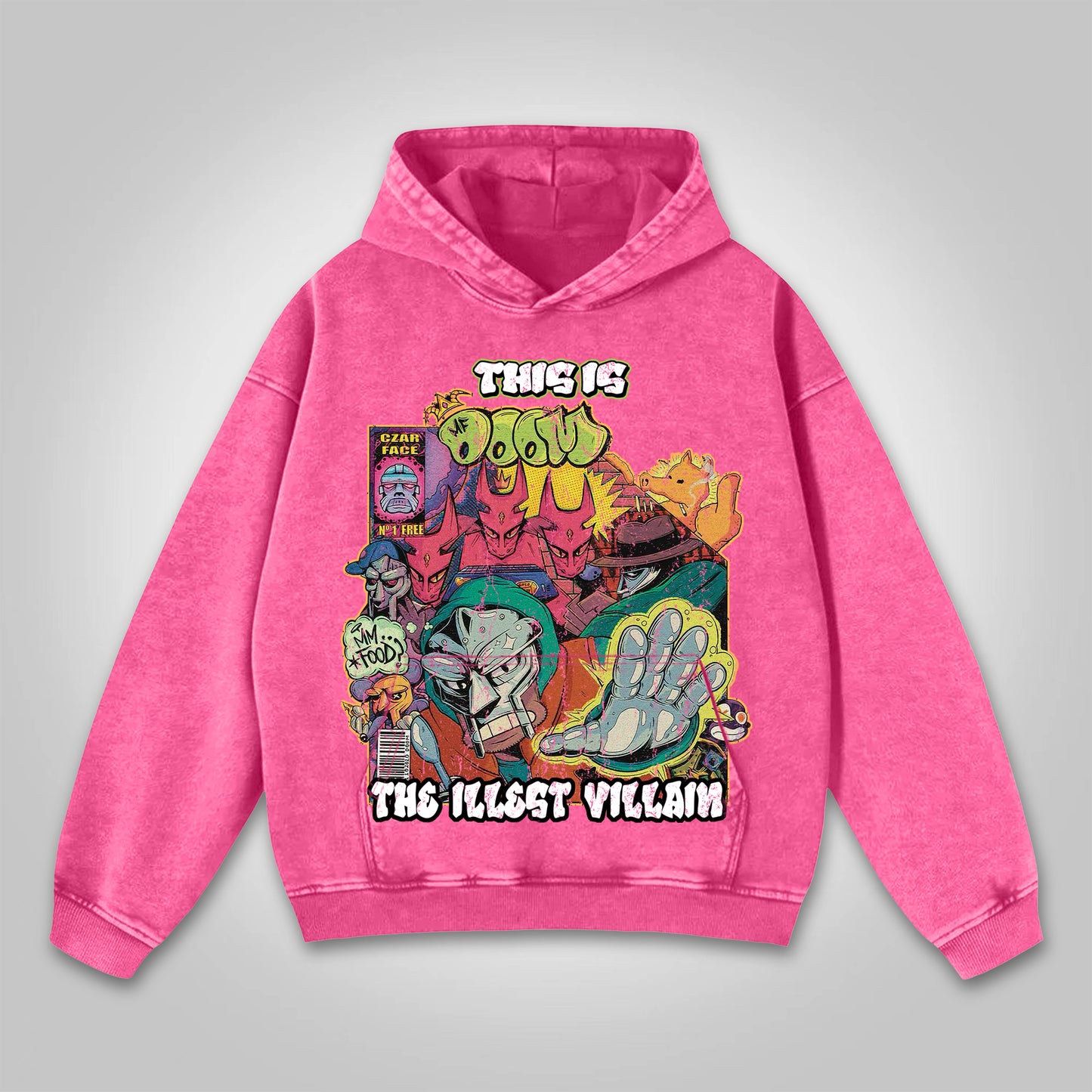 Vercoo Vintage The Illest Villain Mf Doom Graphic Washed Hoodie