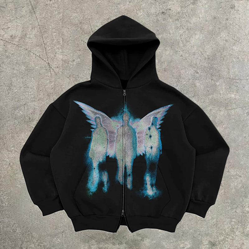 Vercoo Vintage Psychedelic Angel Graphic Casual Street Zip Up Hoodie