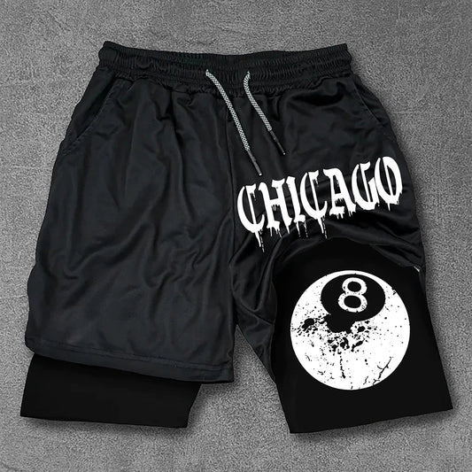 Chicago 8 Ball Print Double Layer Drawstring Shorts