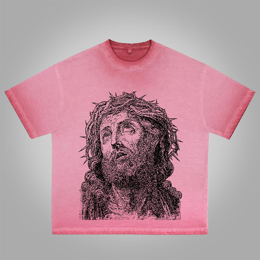 Vercoo Vintage Jesus Portrait Graphic Print Washed Cotton T-Shirt