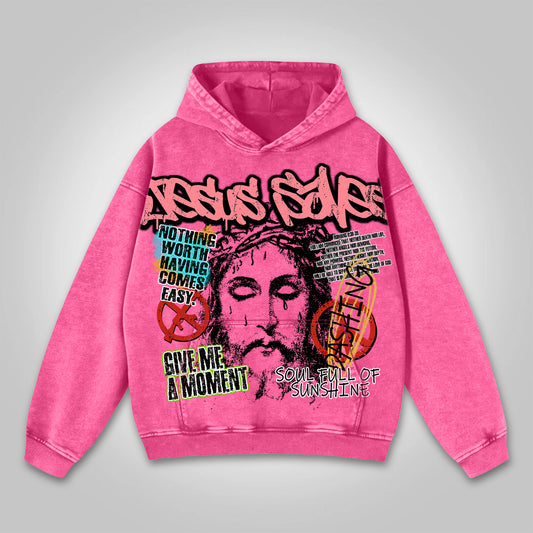 Vercoo Vintage Jesus Saves Bible Print Washed Hoodie