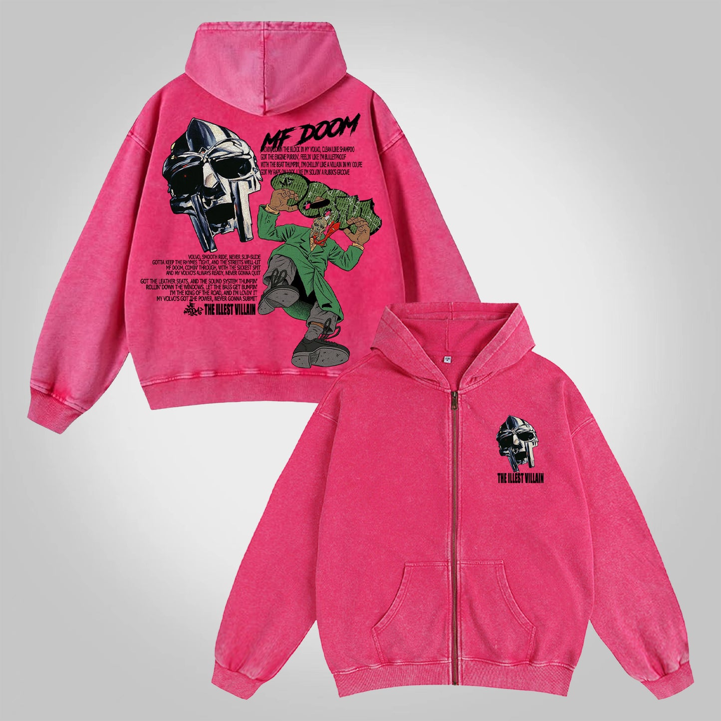 Vercoo Vintage The Illest Villain Mf Doom Graphic Washed Zip-Up Hoodie