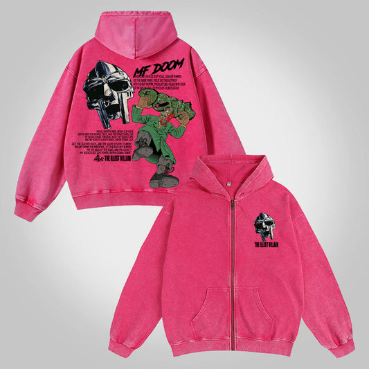 Vercoo Vintage The Illest Villain Mf Doom Graphic Washed Zip-Up Hoodie