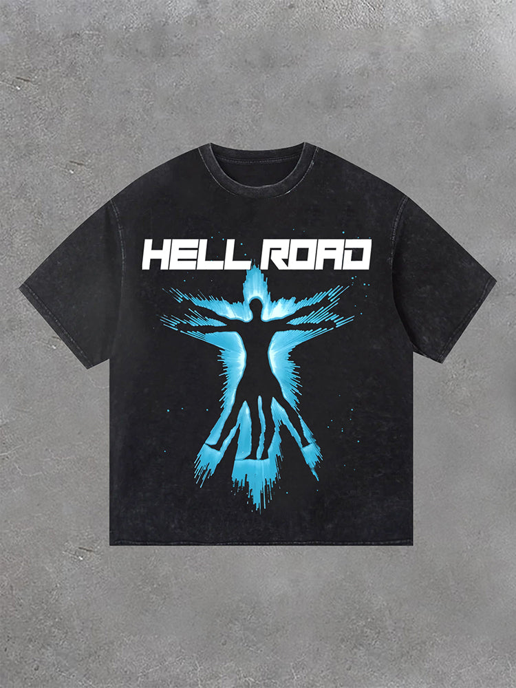 Hell Road Retro Portrait Graphic Print Acid Washed T-Shirt