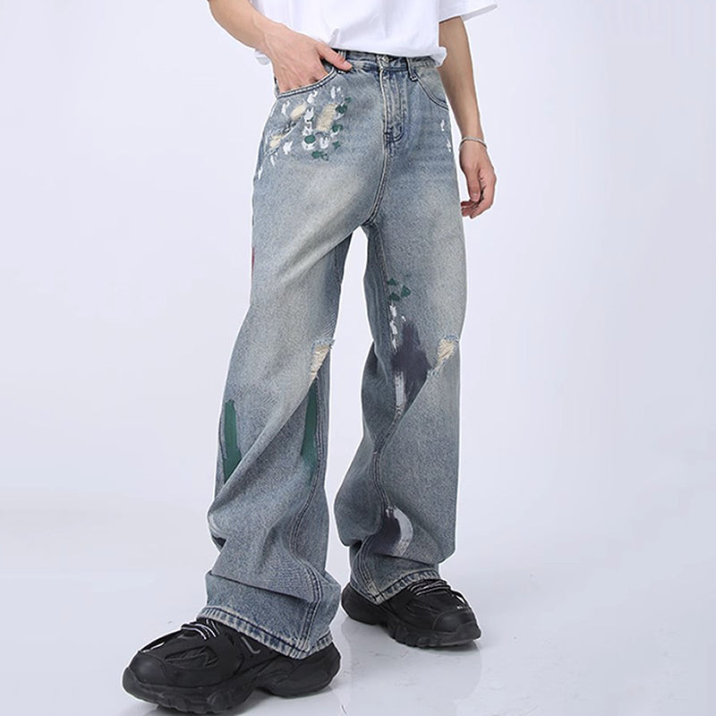 Men's Graffiti Ripped Floor-Length Wide-Leg Jeans