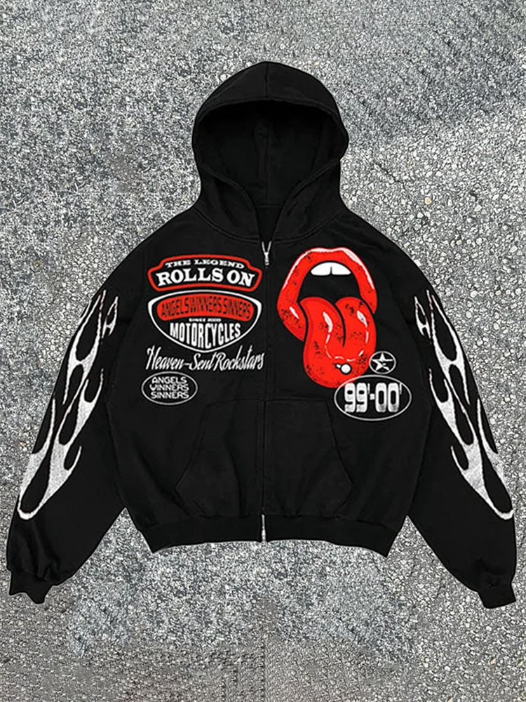 Heaven-Sent Rockstars Lips Graphic Print Zip-Up Hoodie