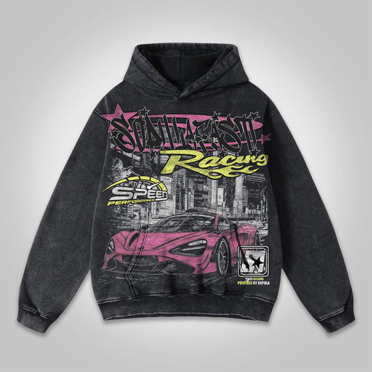 Vercoo Y2k Fast Racing Make Vintage Graphic Washed Pocket Hoodie