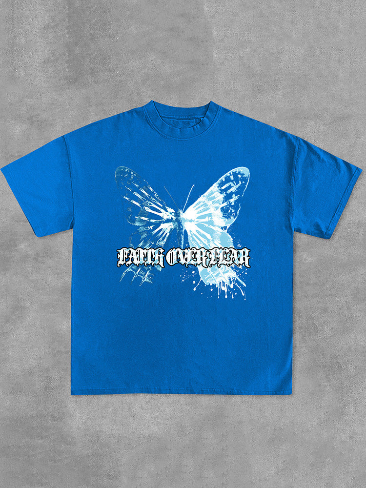 Irregular Butterfly Graphics Faith Over Fear Print Cotton T-Shirt