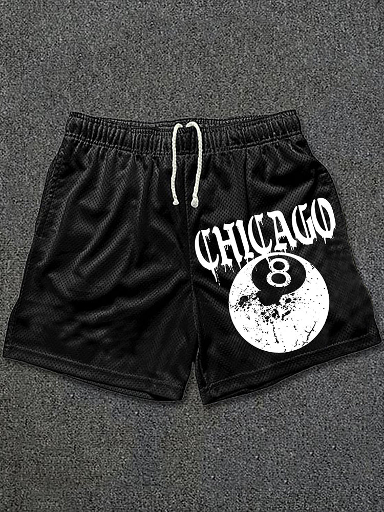 Casual Chicago 8 Ball Print Drawstring Mesh Shorts