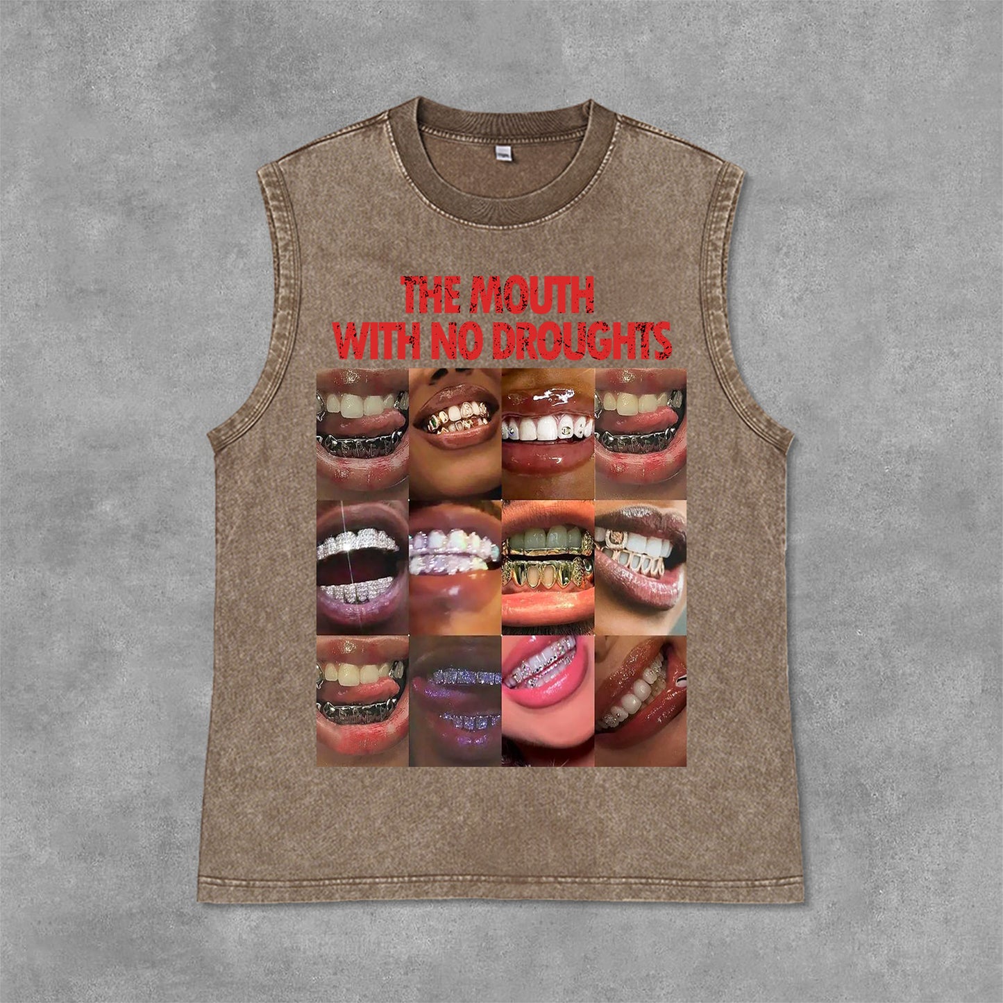 Vintage Lips Graphic The Mouth With No Droughts Print Acid Washed Sleeveless Tank Top