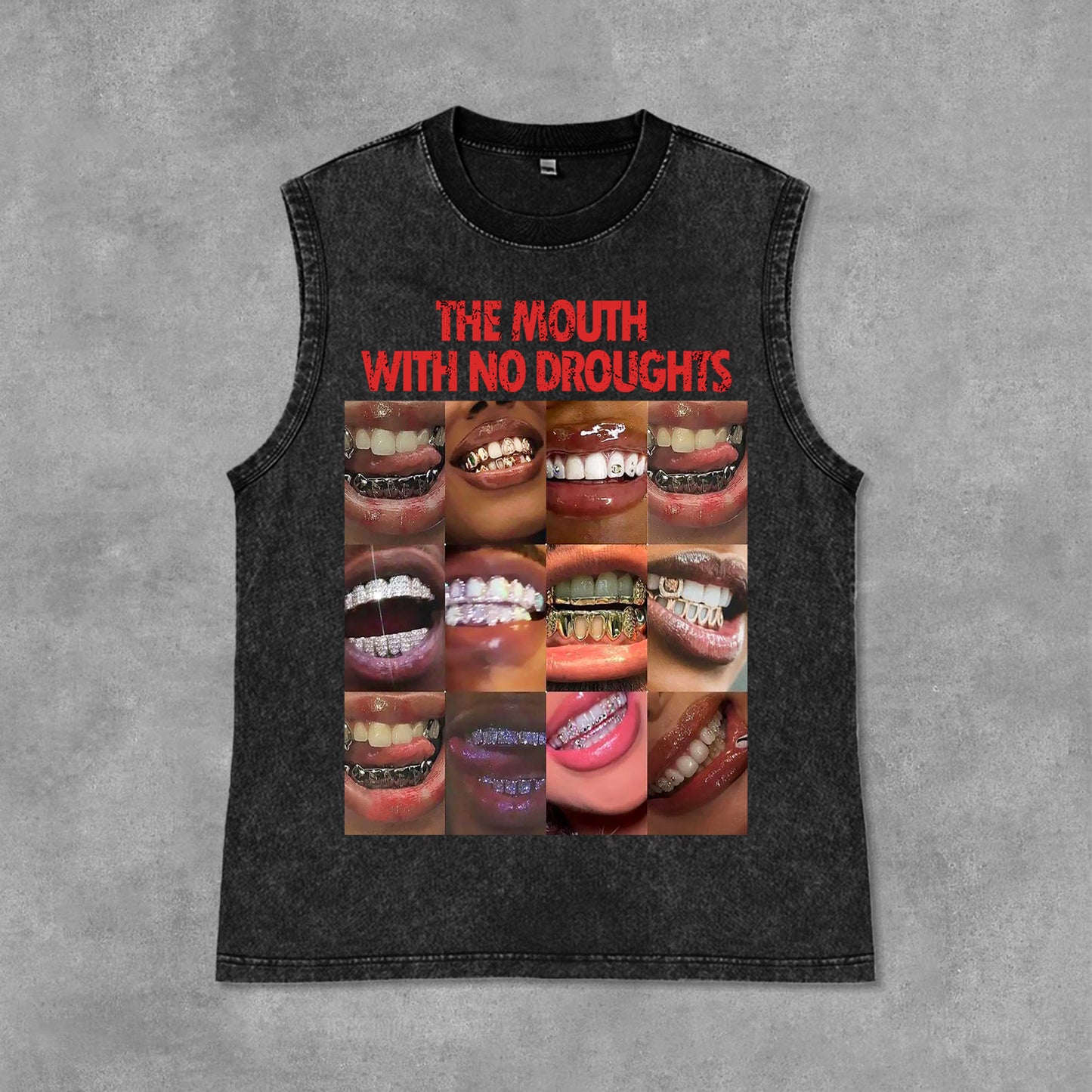 Vintage Lips Graphic The Mouth With No Droughts Print Acid Washed Sleeveless Tank Top