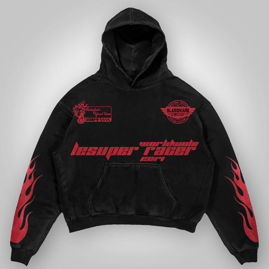 Vercoo Vintage Lesuper Racer On The Way Graphic Acid Washed Oversized Hoodie