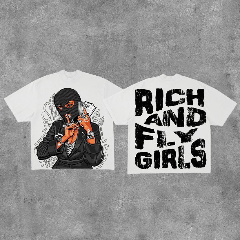 Vintage Rich And Fly Girl Graphic Cotton T-Shirt