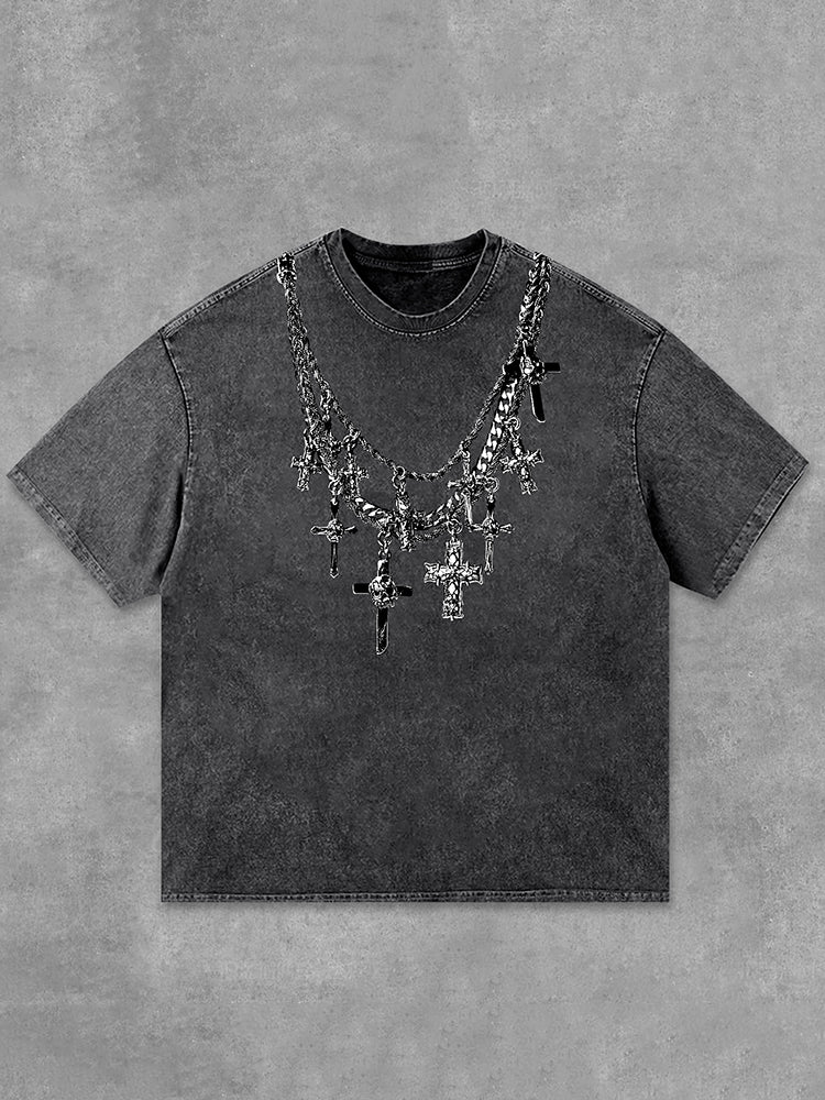 Vintage Christian & Cross Necklace Print Acid Washed T-Shirt