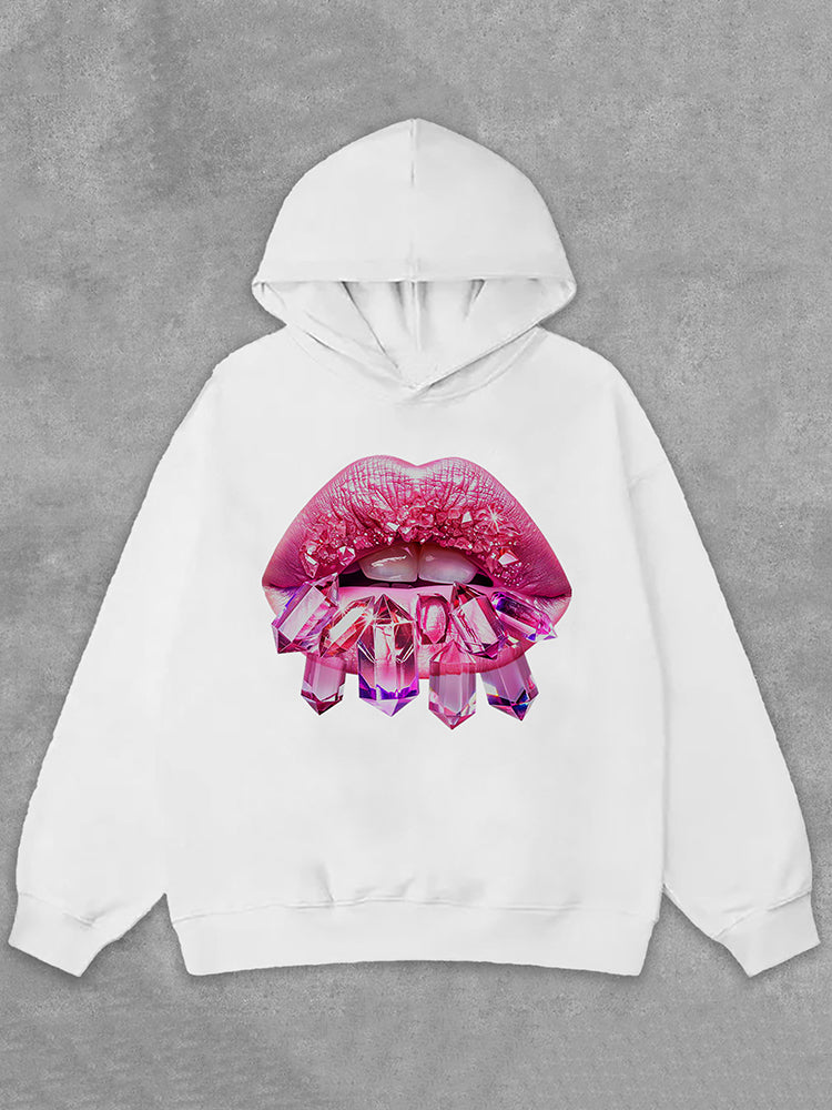 Diamond Lips Graphic Print Casual Side Pockets Hoodie