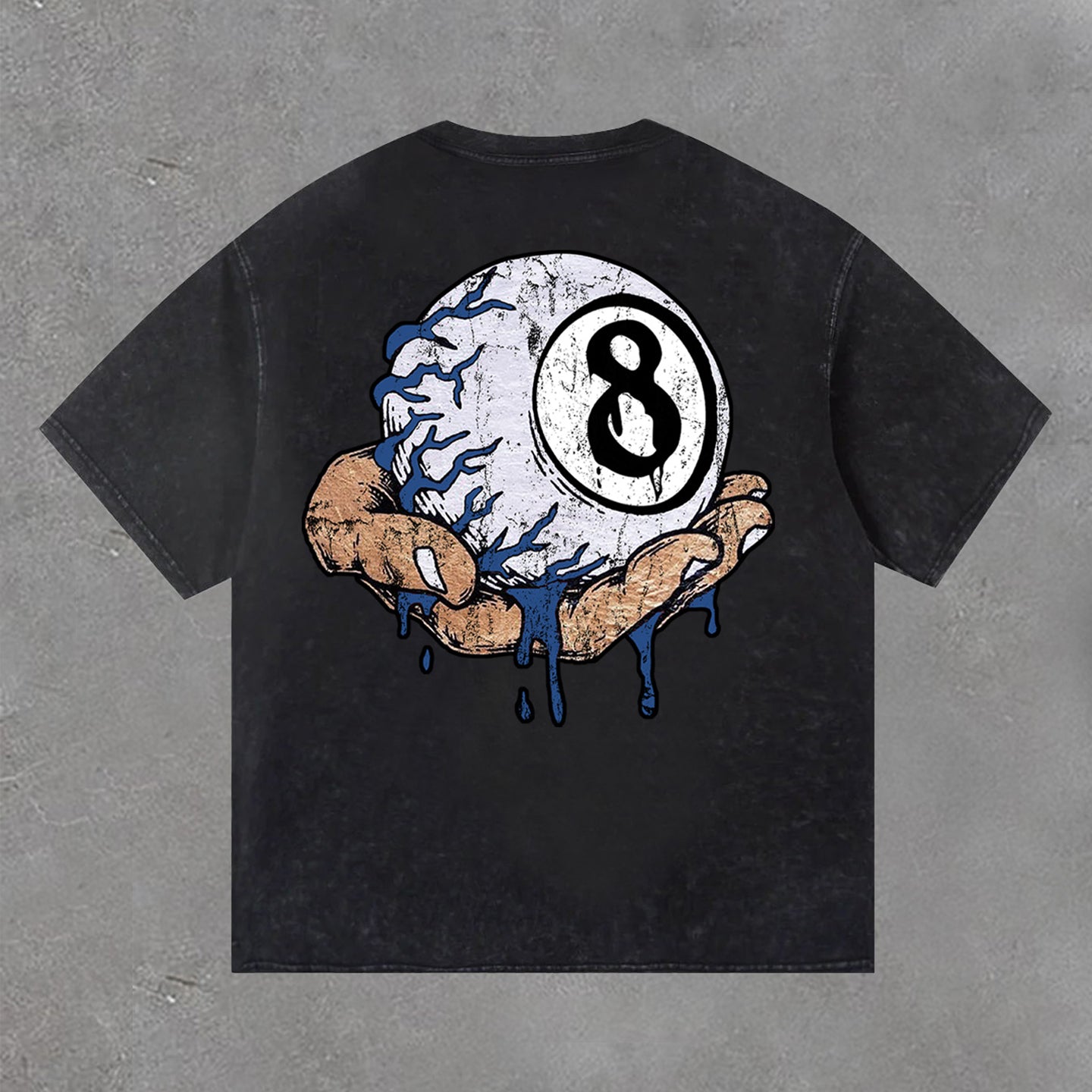 Hand Holding 8 Ball Fun Retro Print Acid Washed T-Shirt