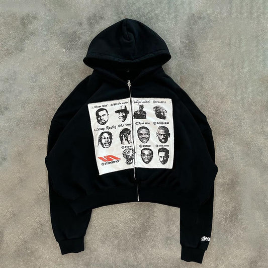 Fashion Hof Graphic Loose Velvet Pocket Zip Hoodie