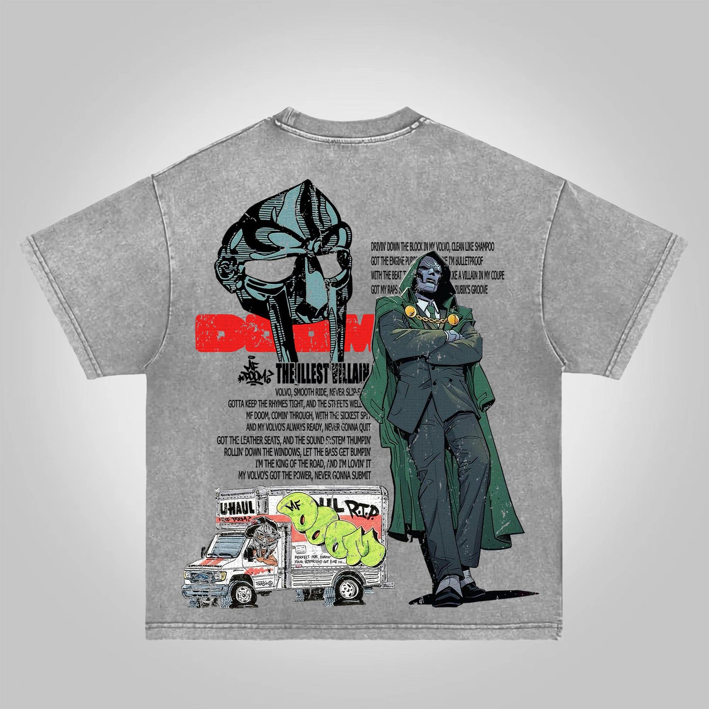 Vercoo Vintage The Illest Villain Mf Doom Graphic Print Acid Washed T-Shirt